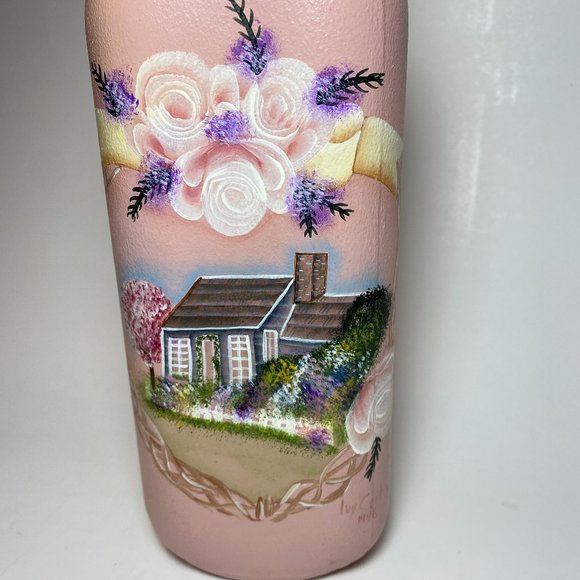 Hand Painted Milk Bottle Vase Pink Wood Cabin Farmhouse Decor Floral - Picture 2 of 9